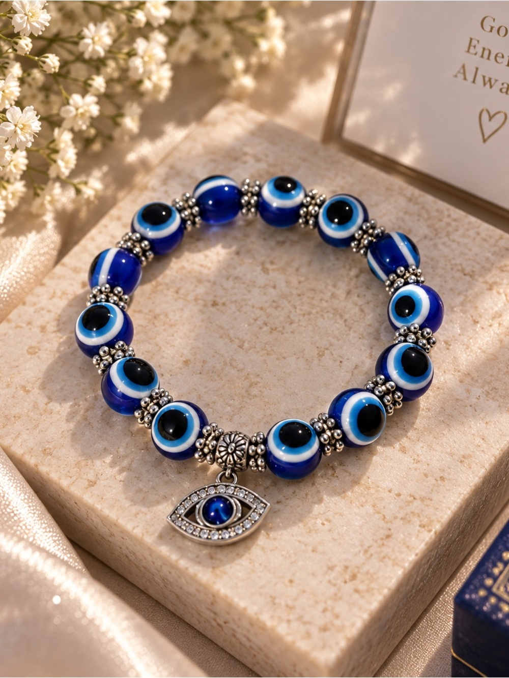 Evil Eye Beaded Stretch Bracelet in Blue with Silver Charm